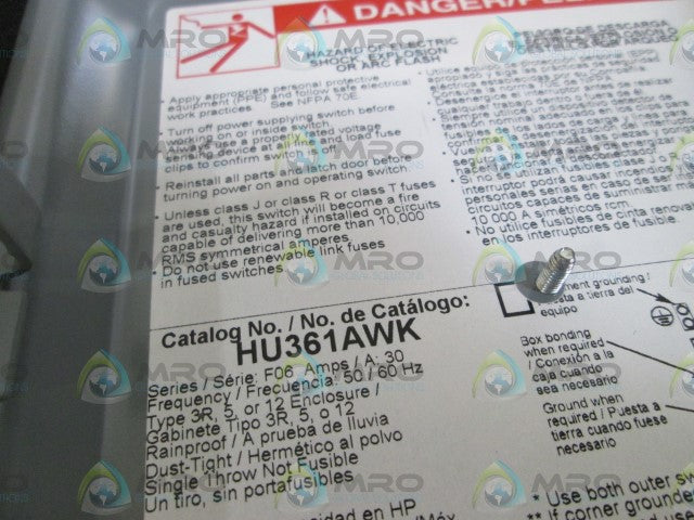 SQUARE D SAFETY SWITCH HU361AWK  (MOUNTED BUT NOT USED) *NEW NO BOX*