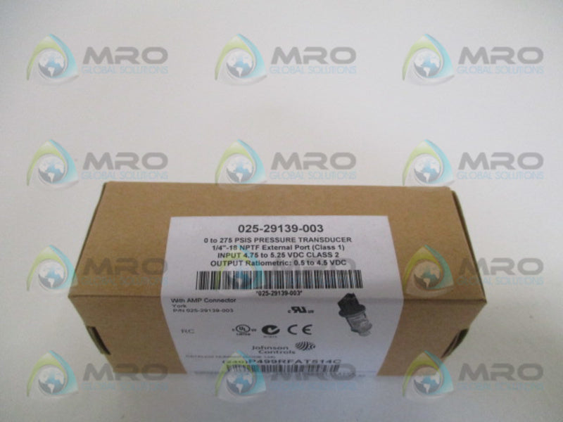 JOHNSON CONTROLS 025-29139-003 PRESSURE TRANSDUCER 0-275 PSIS * FACTORY SEALED *