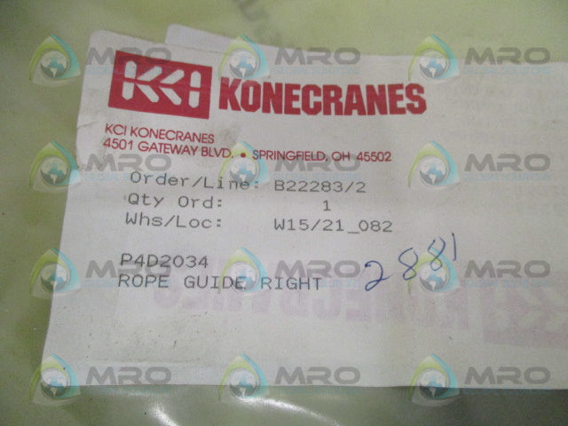 KONECRANES P4D2034 ROPE GUIDE RIGHT *NEW NO BOX*