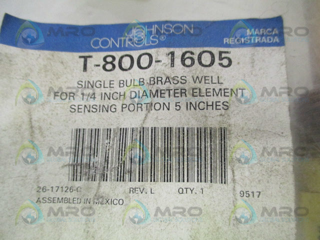 JOHNSON CONTROLS T-800-1605 SINGLE BULB BRASS WELL *NEW IN FACTORY BAG*