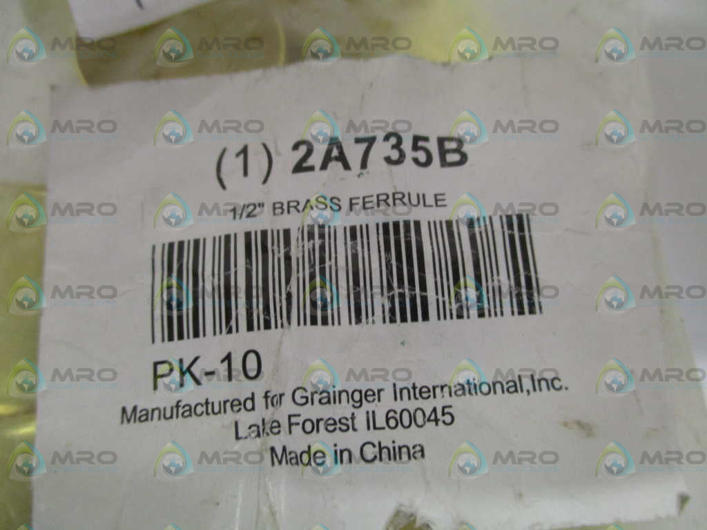 GRAINGER 2A735B BRASS FERRULE 1/2" (PKG OF 10) *NEW IN FACTORY BAG*