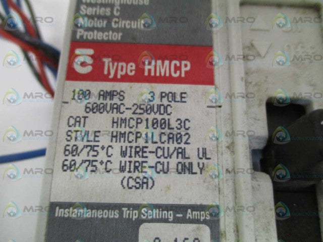 WESTINGHOUSE HMCP100L3C CIRCUIT BREAKER 100A *USED *
