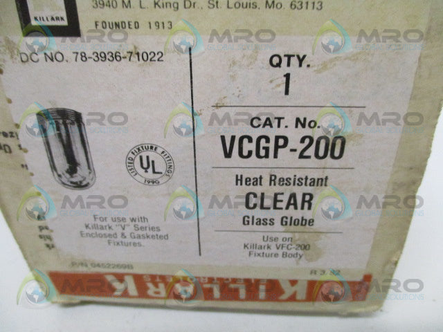 KILLARK VCGP-200 HEAT RESISTANT CLEAR GLASS GLOBE *NEW IN BOX*