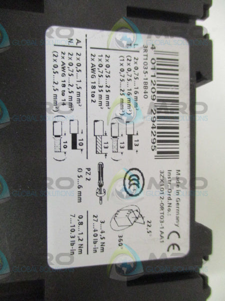 SIEMENS 3RT1035-1BB40 CONTACTOR 24VDC (AS PICTURED) *USED*
