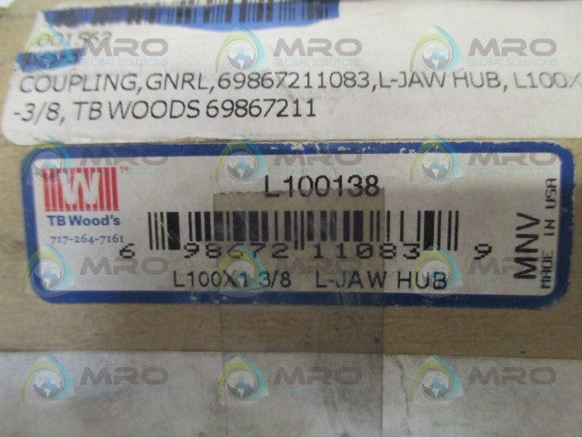 TB WOODS L100138 L100 L-JAW COUPLING HUB 1-3/8" *NEW IN BOX*