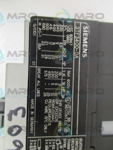 SIEMENS 3TF3400-0A CONTACTOR 110/120V (AS PICTURED) *USED*
