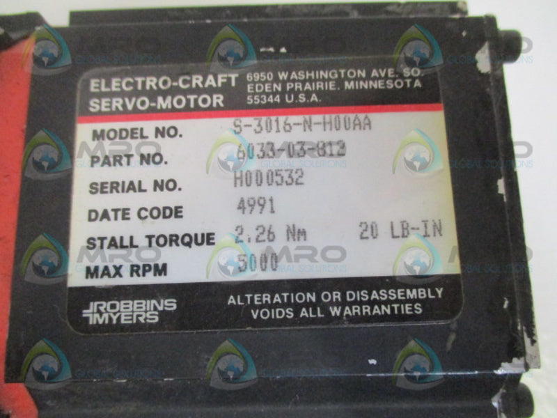 ROBBINS MYERS S-3016-N-H00AA 6033-03-812 SERVO MOTOR 5000 RPM *USED*