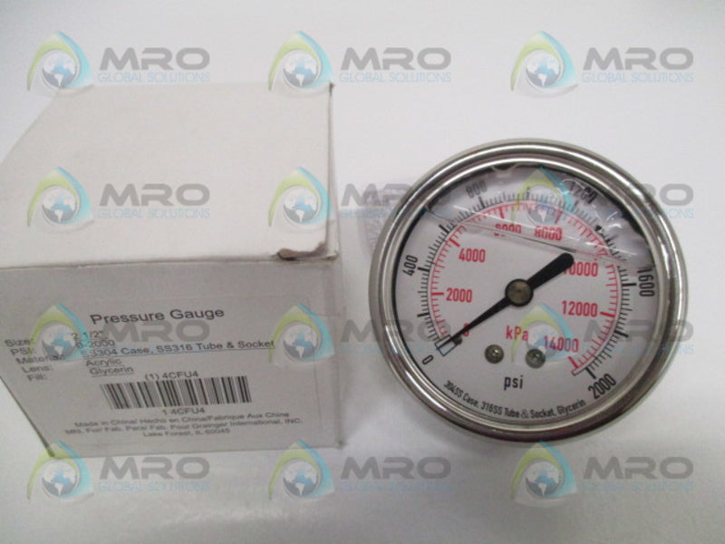 GRAINGER 4CFU4 PRESSURE GAUGE 0-2000 PSI 0-14000 KPA *NEW IN BOX*