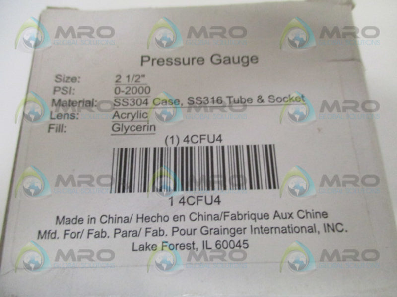 GRAINGER 4CFU4 PRESSURE GAUGE 0-2000 PSI 0-14000 KPA *NEW IN BOX*