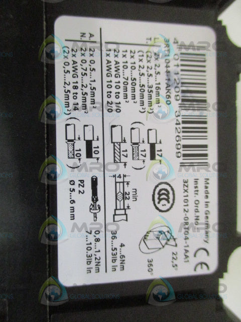 SIEMENS 3RT1044-1AK60 CONTACTOR 110/120V *USED*