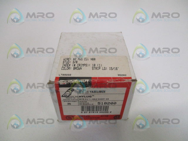 BURNDY YA2CL4BOX HYLUG 1-HOLE LUG 3/8" * FACTORY SEALED *