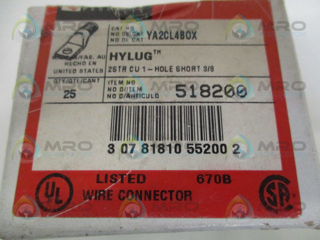 BURNDY YA2CL4BOX HYLUG 1-HOLE LUG 3/8" * FACTORY SEALED *
