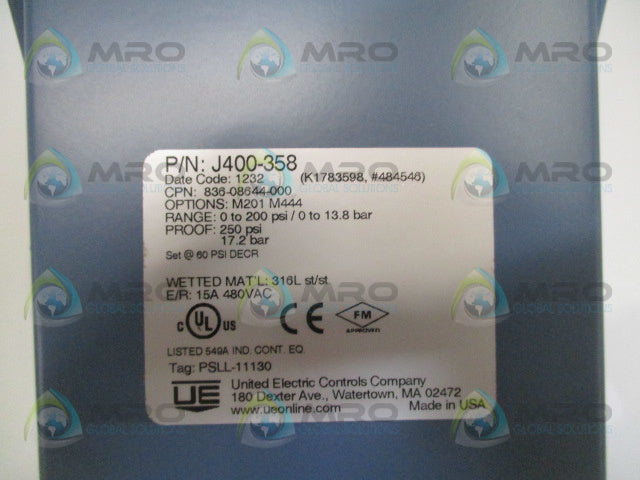 UNITED ELECTRIC J400-358 PRESSURE SWITCH 0-200 PSI *NEW IN BOX*
