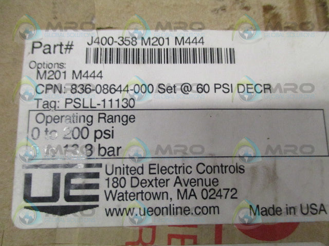 UNITED ELECTRIC J400-358 PRESSURE SWITCH 0-200 PSI *NEW IN BOX*