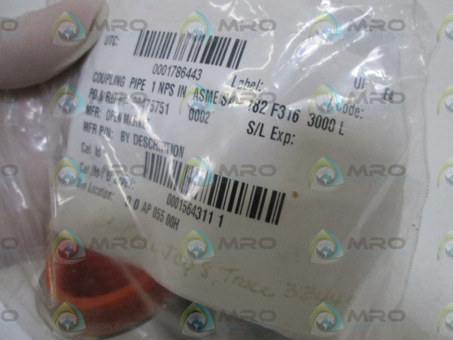LOT OF 2 OPEN MARKET COUPLING PIPE 1 NPS IN ASME SA-182 F316 3000 L *NEW NO BOX*