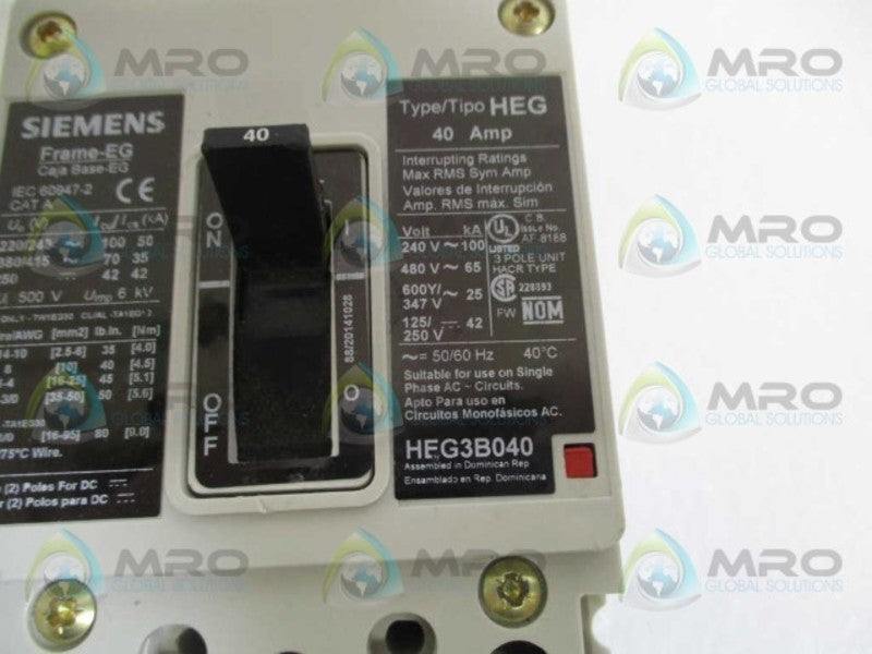 SIEMENS HEG3B040 CIRCUIT BREAKER 40A (AS PICTURED) *NEW NO BOX*