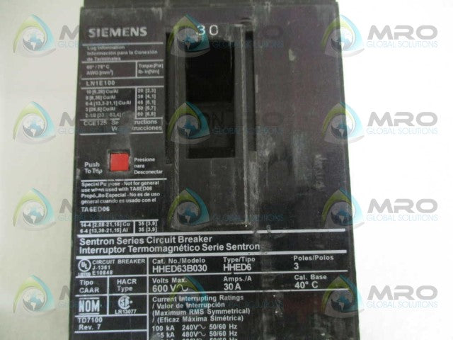 SIEMENS HHED63B030 CIRCUIT BREAKER 30A *USED*