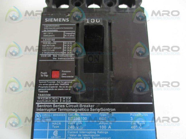SIEMENS ED23B100 CIRCUIT BREAKER 100A *USED*