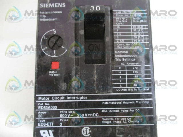 SIEMENS ED63A030 CIRCUIT BREAKER 30A *USED*