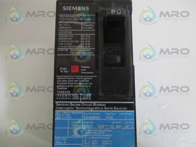 SIEMENS ED42B080 CIRCUIT BREAKER 80A (AS PICTURED) *USED*