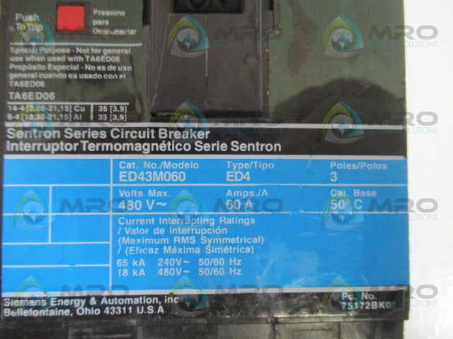 SIEMENS ED43M060 CIRCUIT BREAKER 60A *USED*