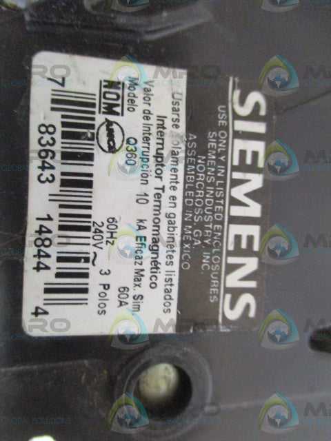 SIEMENS Q360 CIRCUIT BREAEKR 60A (AS PICTURED) *USED*