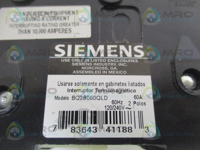 SIEMENS BQ2B060QLD CIRCUIT BREAKER 60 *NEW NO BOX*