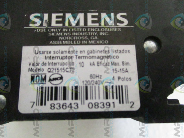 SIEMENS Q21515CT2 CIRCUIT BREAKER 15-15A (AS PICTURED) *NEW NO BOX*