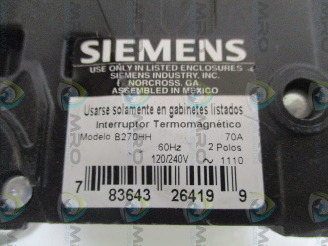 SIEMENS B270HH CIRCUIT BREAKER 70A (AS PICTURED) *NEW NO BOX*
