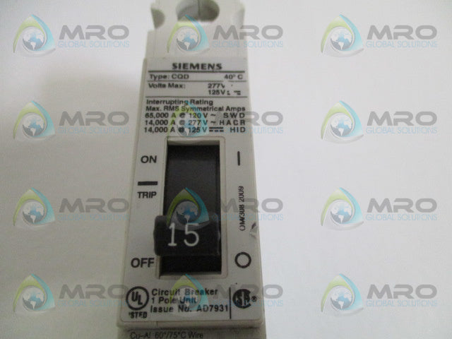 SIEMENS CQD115 CIRCUIT BREAKER 15A *USED*