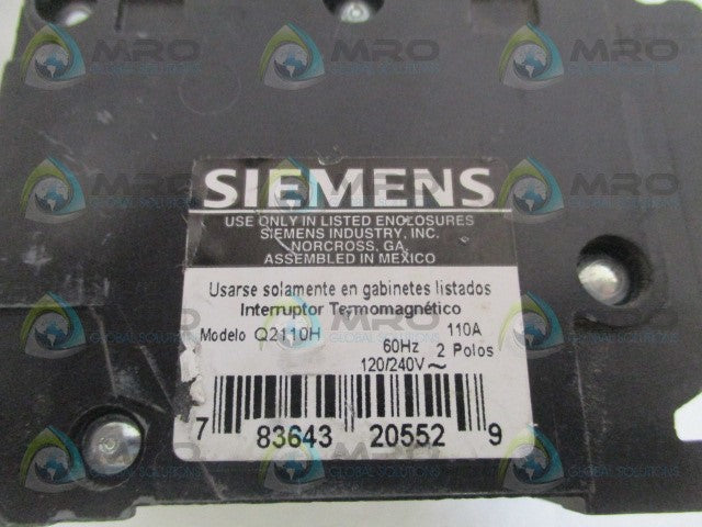 SIEMENS Q2110H CIRCUIT BREAKER 110A (AS PICTURED) *USED*