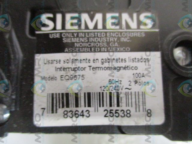 SIEMENS EQ9675 CIRCUIT BREAKER 100A (AS PICTURED) *USED*