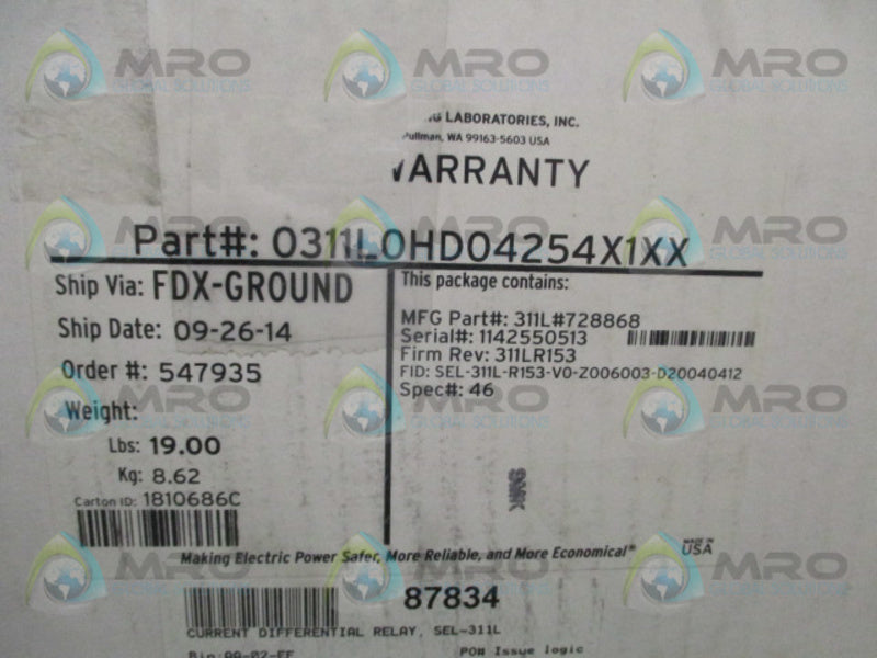 SEL SEL-311L 0311L0HD04254X1XX LINE CURRENT DIFFERENTIAL RELAY * NEW IN BOX *