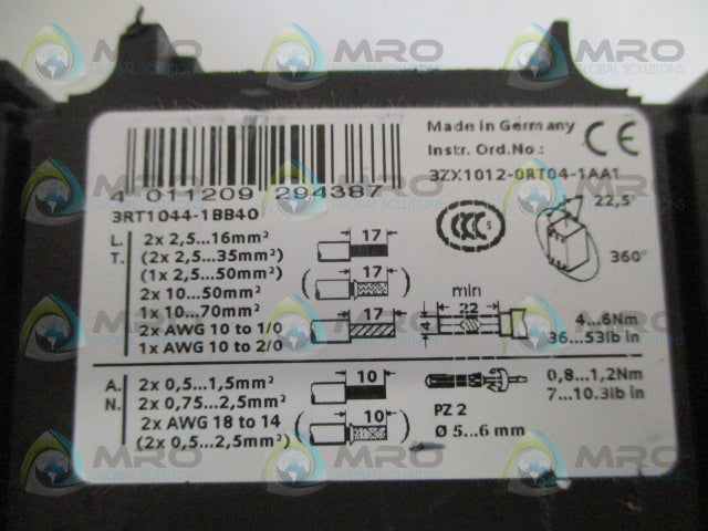 SIEMENS 3RT1044-1BB40 CONTACTOR 24VDC (AS PICTURED) *NEW NO BOX*