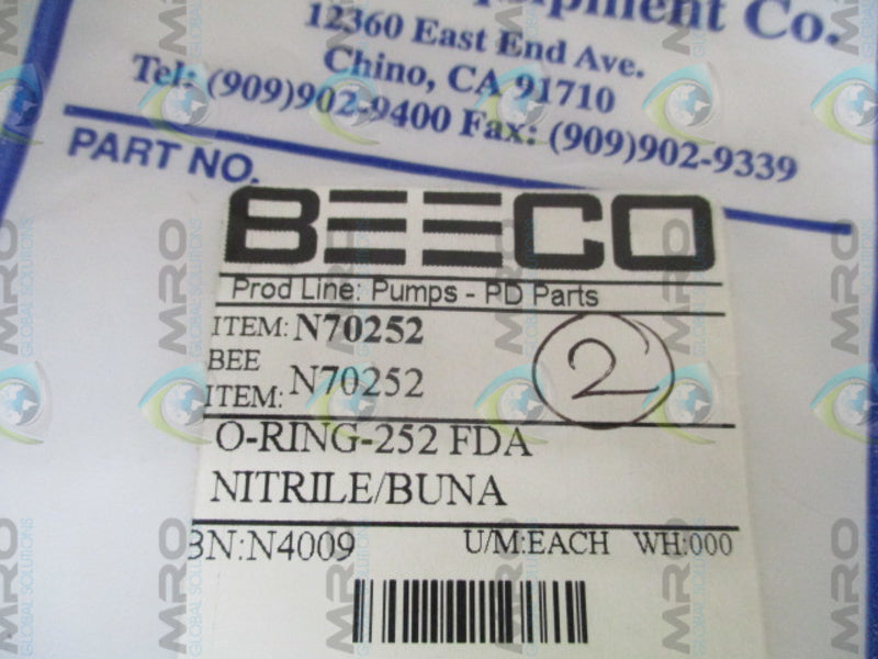 BEECO N70252 O-RING (PKG OF 2) * NEW IN FACTORY BAG *