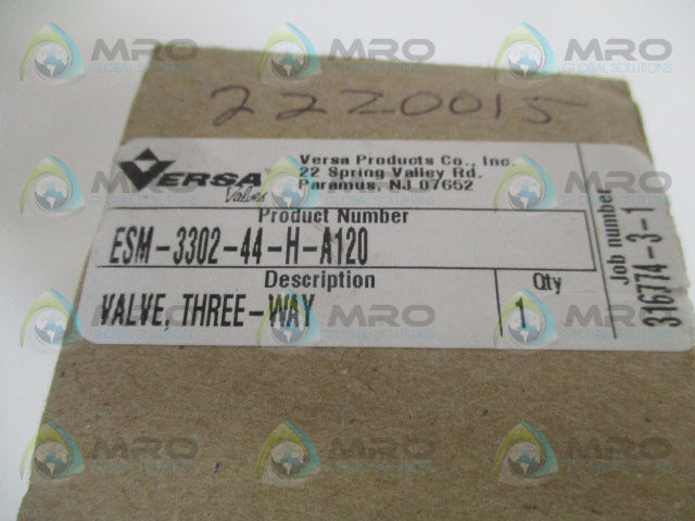 VERSA ESM-3302-44-H-A120 THREE-WAY VALVE *NEW IN BOX*