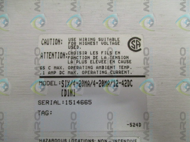 MOORE SIX/4-20MA/4-20MA/12-42DC[DIN] SIGNAL ISOLATOR *USED*