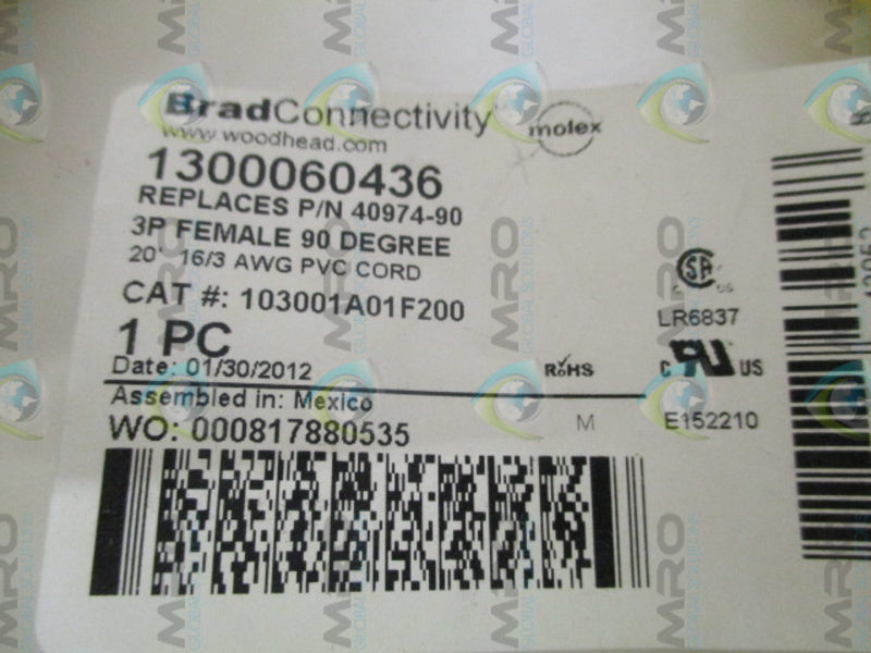 DANIEL WOODHEAD 40974-90 103001A01F200 FEMALE CORD * NEW IN FACTORY BAG *