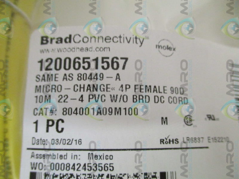 DANIEL WOODHEAD 804001A09M100 80449-A CORDSET * NEW IN FACTORY BAG *