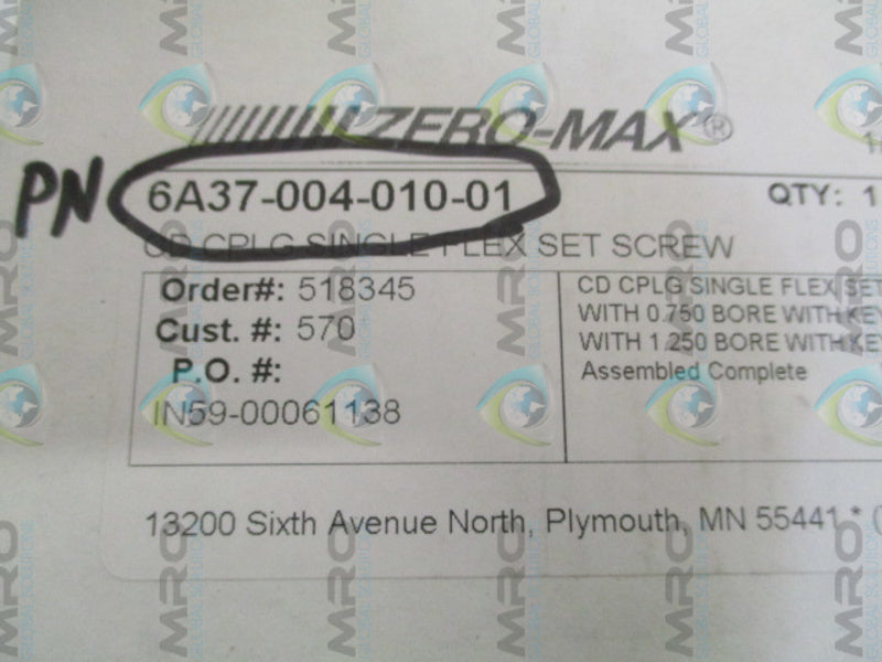 ZERO-MAX 6A37-004-010-01 CD COUPLING SINGLE FLEX SET SCREW *NEW IN BOX*