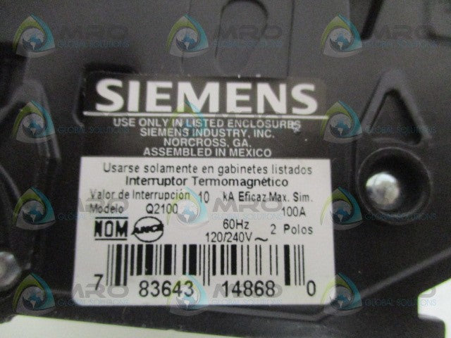 SIEMENS Q2100 CIRCUIT BREAKER 100A (AS PICTURED) *USED*