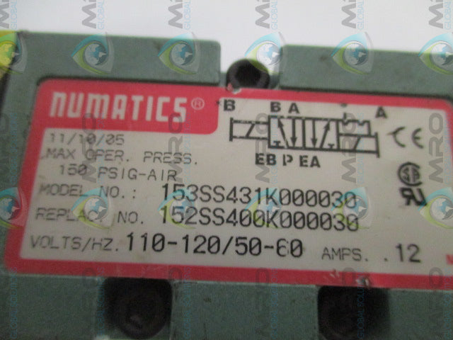 NUMATICS 153SS431K000030 PNEUMATIC SOLENOID VALVE * USED*