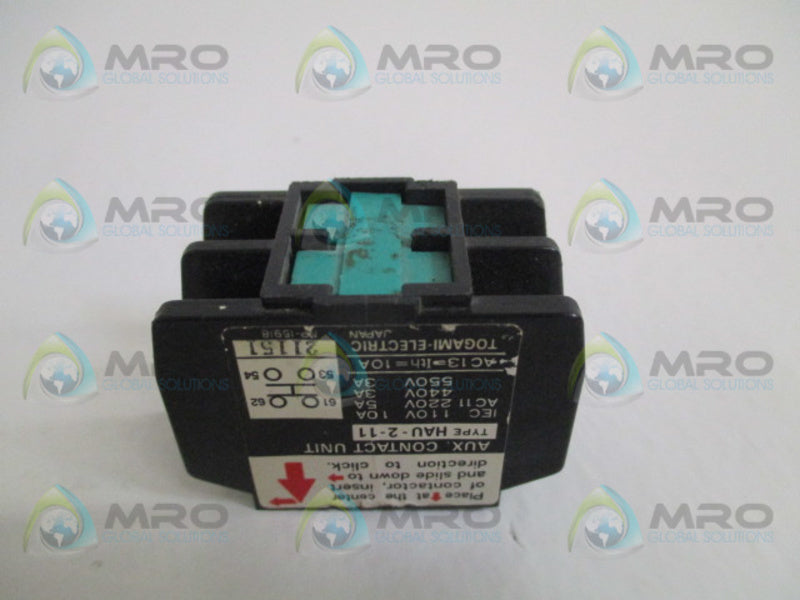 TOGAMI ELECTRIC HAU-2-11 AUXILIARY CONTACT UNIT *USED*