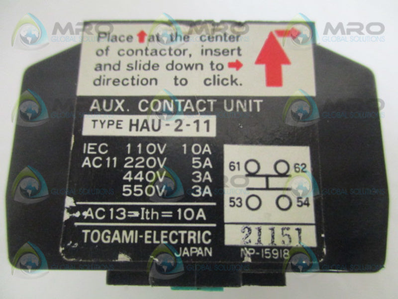 TOGAMI ELECTRIC HAU-2-11 AUXILIARY CONTACT UNIT *USED*