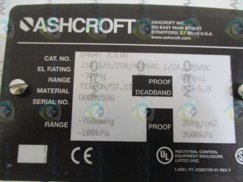ASHCROFT B464TXJL06 PRESSURE SWITCH -30"Hg  NSMP