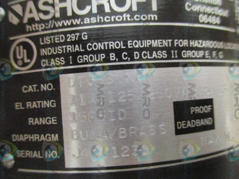 ASHCROFT D768BXFM PRESSURE SWITCH 15 PSID  NSMP
