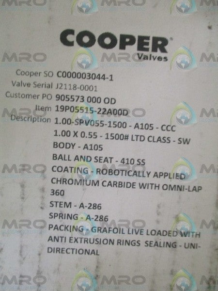 COOPER 1.00-SPV055-1500-A105-CCC FLOW METER VALVE  NSMP