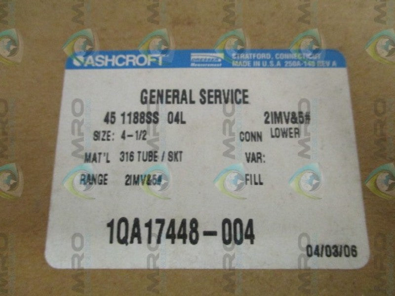 ASHCROFT 451188SS04L-2IMV&5# GENERAL SERVICE GAUGE 2"Hg-5 PSI  NSMP
