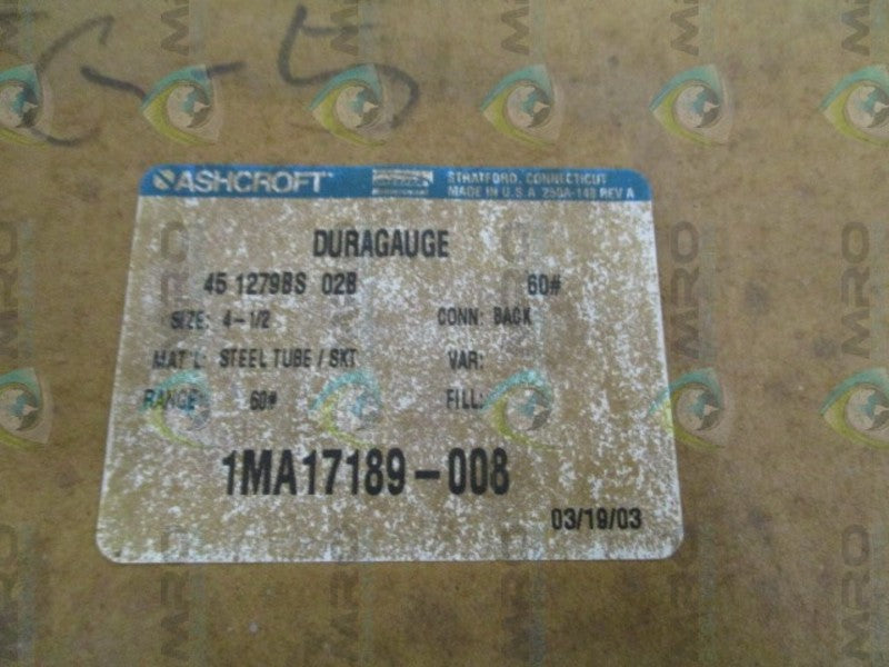 ASHCROFT 451279BS02B-60# DURAGUAGE 0-60 PSI  NSMP