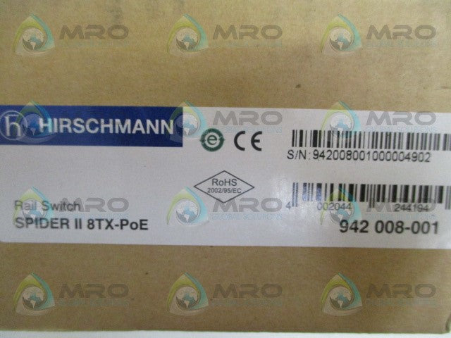 HIRSCHMANN SPIDER II 8TX-POE 942008-001 RAIL SWITCH *NEW IN BOX*